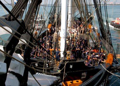 US Navy 070831-N-2893B-002 A view from the bowsprit as USS Constitution gets underway under her own power for the second and final time in 2007