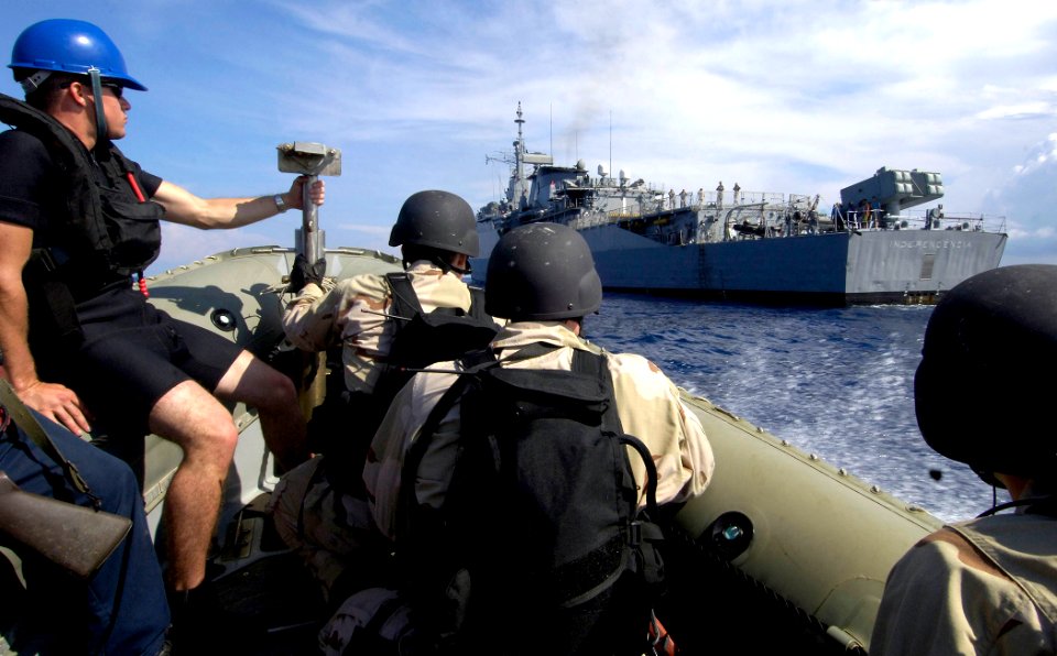 US Navy 070901-N-1810F-058 A visit, board, search and seizure (VBSS) team attached to guided-missile frigate USS Samuel B. Roberts (FFG 58) prepares to embark aboard Columbian friagate ARC Independiente (F 54) as part of VBSS t