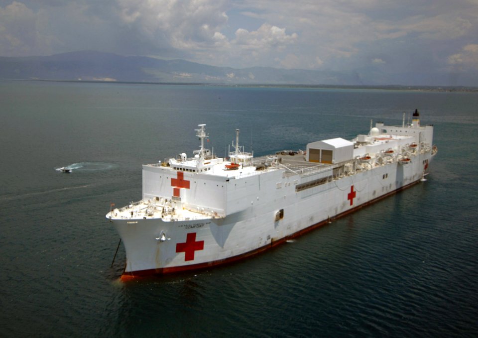 US Navy 070905-N-0194K-183 Military Sealift Command hospital ship USNS Comfort (T-AH 20) is anchored off the coast of Port-au-Prince