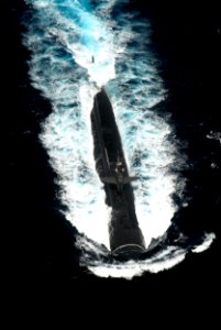 US Navy 070905-N-6106R-367 Attack submarine USS Chicago (SSN 721) transits in formation during Malabar 2007, an exercise involving Kitty Hawk and Nimitz Carrier Strike Group and ships of the navies of Australia, India, Japan, a