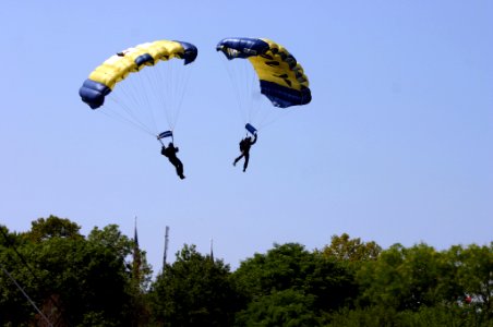 US Navy 070902-N-7163S-002 Two members of the U.S. Navy's Parachute Demonstration Team, the Leap Frogs, land at the Cincinnati Riverfest photo