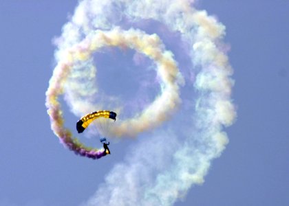 US Navy 070902-N-7163S-001 A member of the U.S. Navy Parachute Team, the Leap Frog, trails smoke while descending to the landing zone during a demonstration at the Cincinnati Riverfest photo
