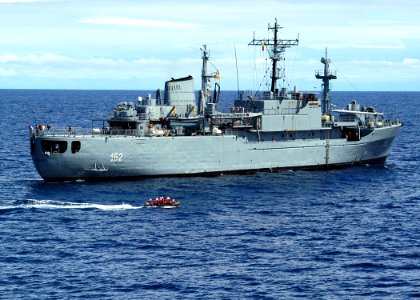 US Navy 070901-N-4021H-045 A special forces team comprised of Peruvian sailors approaches Columbian supply tender ARC Buenaventura (BL 162) in a rigid hull inflatable boat while engaging in visit, board, search and seizure exer