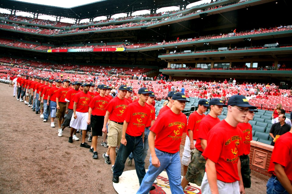 US Navy 070906-N-3271W-007 Members of the 49th Cardinal Company, a group of enlisted recruits from Navy Recruiting District St. Louis, march into Busch Stadium to be sworn into the Navy in a ceremony before a game between the C