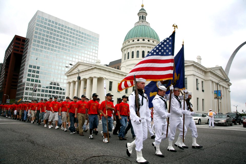 US Navy 070906-N-3271W-006 The Navy Recruiting District St. Louis Color Guard marches members of the 49th Cardinal Company to Busch Stadium, to be sworn into the Navy in a ceremony before a game between the Cardinals and the Pi