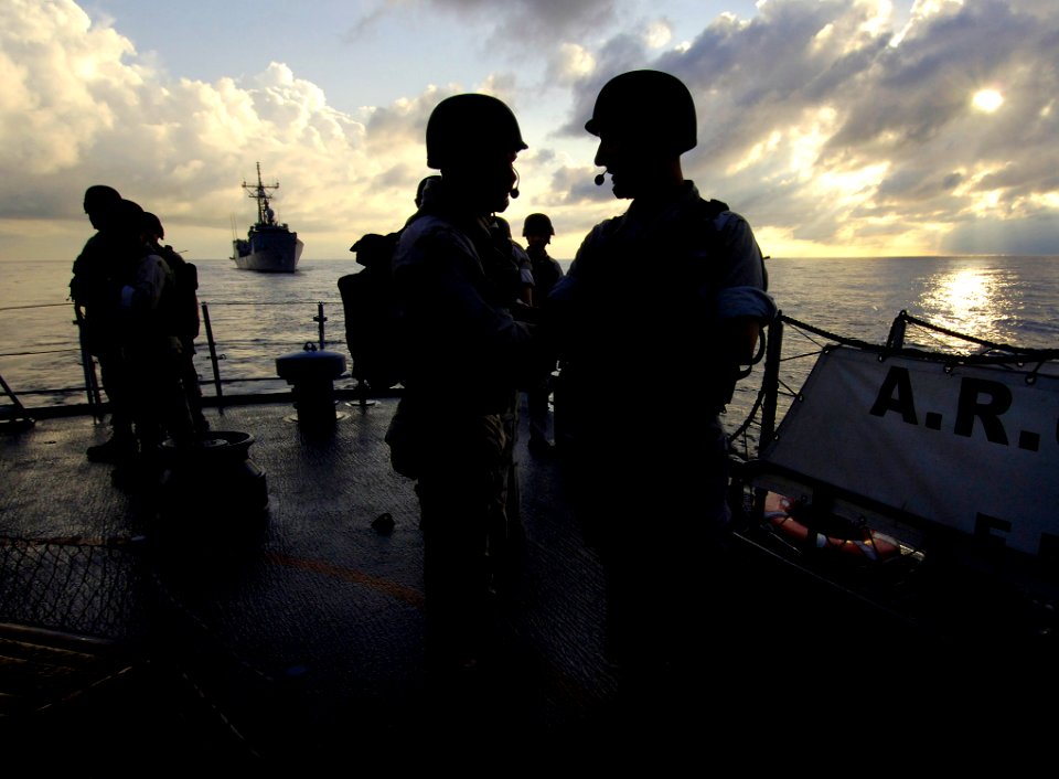US Navy 070902-N-1810F-200 A visit, board, search and seizure (VBSS) team attached to guided-missile frigate USS Samuel B. Roberts (FFG 58) embarks aboard Columbian frigate ARC Antioquia (FM 53) as part of VBSS training during