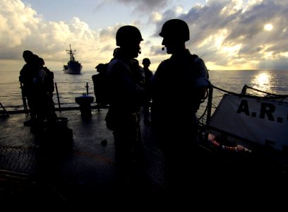 US Navy 070902-N-1810F-200 A visit, board, search and seizure (VBSS) team attached to guided-missile frigate USS Samuel B. Roberts (FFG 58) embarks aboard Columbian frigate ARC Antioquia (FM 53) as part of VBSS training during