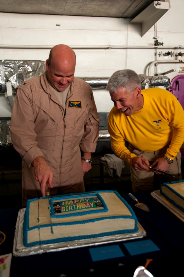 USS Carl Vinson CO, EO celebrate birthdays 141101-N-UW005-063