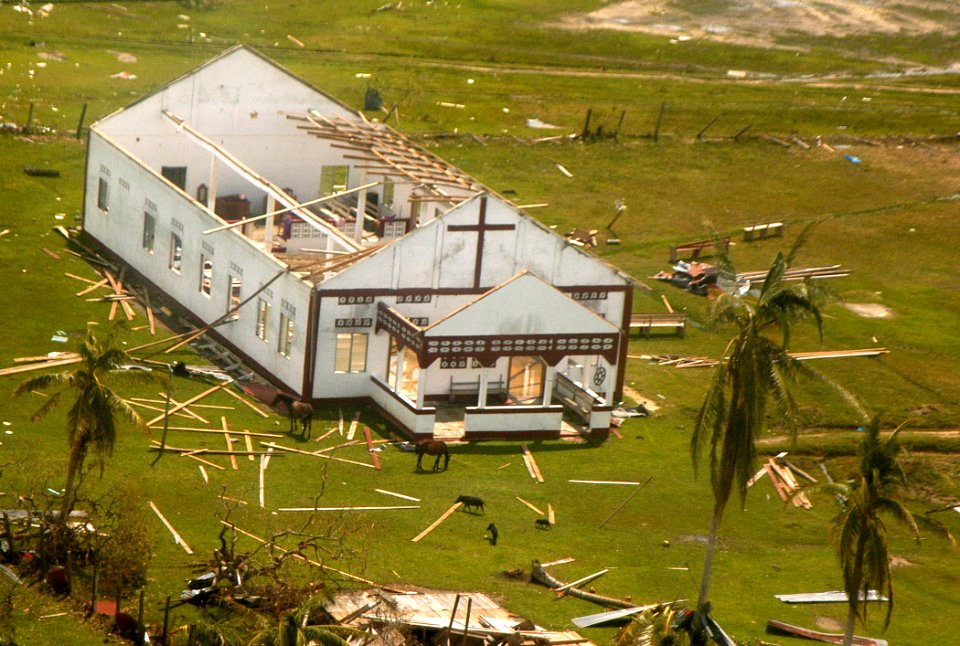 US Navy 070907-N-1189B-170 church severely damaged by Hurricane Felix is seen from a helicopter belonging to amphibious assault ship USS Wasp (LHD 1)