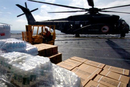 US Navy 070907-N-1810F-006 A Sailor aboard multi-purpose amphibious assault ship USS Wasp (LHD 1) prepares to load Meals Ready-to-Eat (MREs) onto an CH-53E Super Stallion