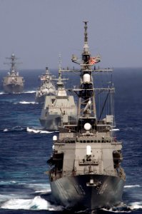 US Navy 070905-N-5387K-012 Japan Maritime Self-Defense Force destroyer JS Yuudachi (DD 103) leads a formation of ships during Exercise Malabar 2007 in the Bay of Bengal