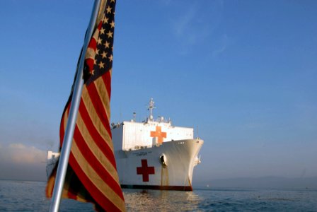 US Navy 070905-N-8704K-001 Military Sealift Command hospital ship USNS Comfort (T-AH 20) is anchored off the coast of Port-au-Prince