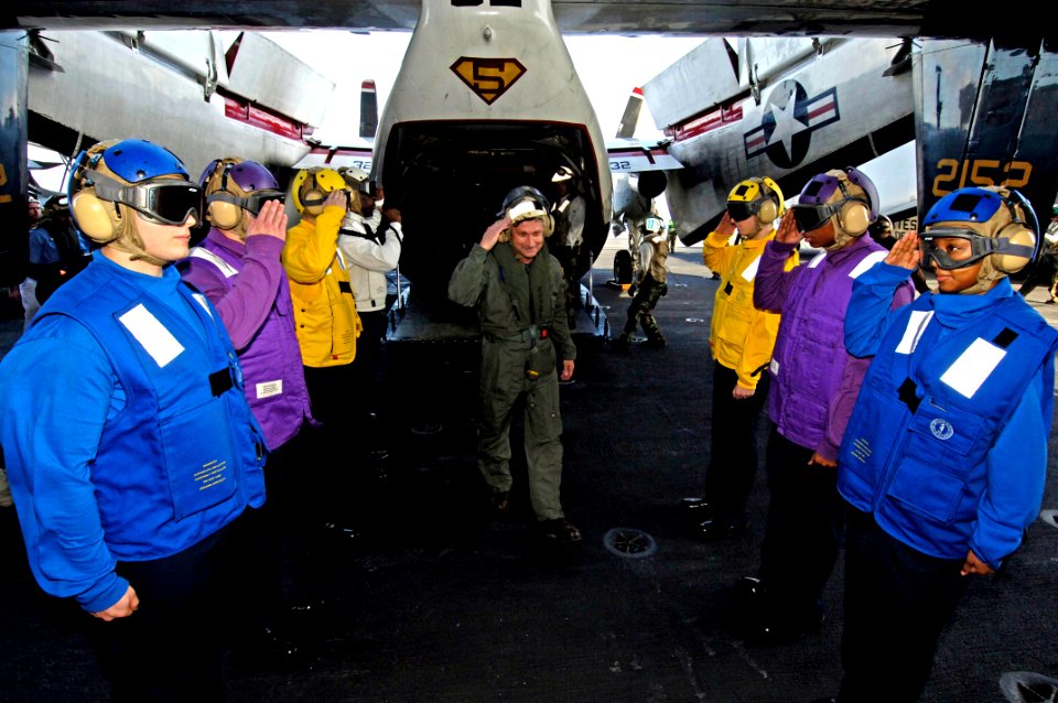 US Navy 070906-N-7883G-003 Vice Adm. Doug Crowder, commander of U.S. 7th Fleet, arrives aboard USS Kitty Hawk (CV 63) during Exercise Malabar 07-2