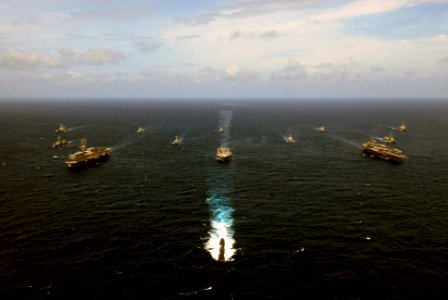 US Navy 070905-N-6106R-352 USS Kitty Hawk (CV 63) transits in formation for a joint photo exercise during exercise Malabar 07-2