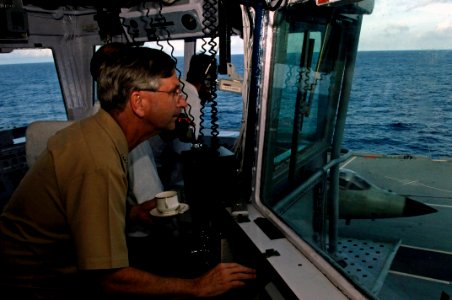 US Navy 070907-N-7883G-107 Vice Adm. Doug Crowder, commander of U.S. 7th Fleet, observes the take off of a Sea Harrier from flight deck of Indian Navy aircraft carrier INS Viraat (R 22)