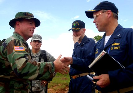 US Navy 070908-N-1810F-223 Lt. Col. Robert Gaddis meets Commodore Snyder during a humanitarian relief operation in Puerto Cabezas photo