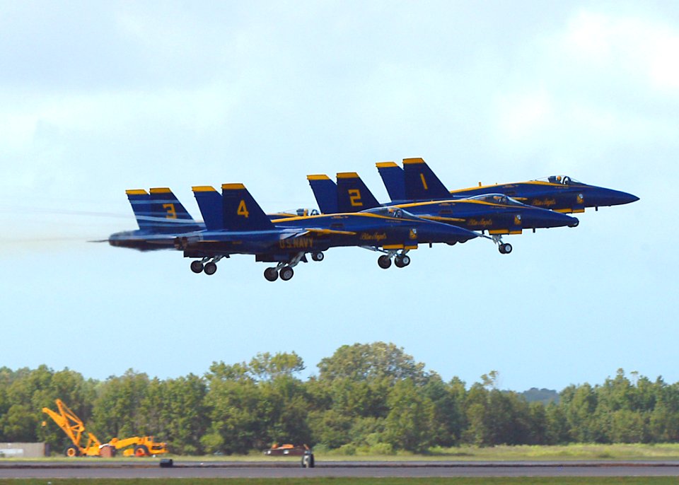 US Navy 070909-N-1082Z-048 The U.S. Navy flight demonstration team, the Blue Angels, fly in formation during the 2007 Naval Air Station Oceana Air Show