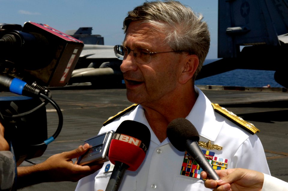 US Navy 070907-N-7883G-032 Vice Adm. Doug Crowder, commander of U.S. 7th Fleet answers questions during a press availability for Malabar 07-2 aboard USS Kitty Hawk (CV 63). More than 20,000 personnel from five different countri