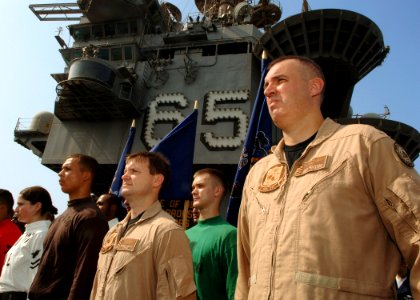 US Navy 070911-N-5928K-007 Sailors conduct a Sept. 11 commemoration ceremony on the flight deck of nuclear-powered aircraft carrier USS Enterprise (CVN 65)