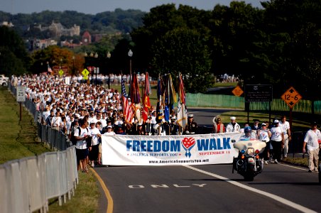 US Navy 070909-N-3642E-187 America Supports You National Freedom Walk participants march toward the Pentagon along the Potomac River