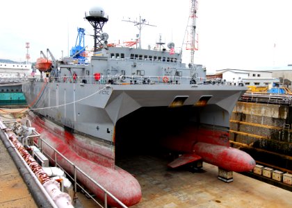 US Navy 070913-N-2638R-004 Military Sealift Command (MSC) ocean surveillance ship USNS Effective (T-AGOS 21) sits in dry dock at Commander Fleet Activities Yokosuka