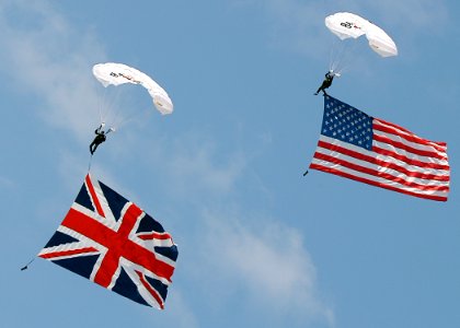 US Navy 070908-N-1082Z-029 Members of the Blackwater USA parachute team wave Old Glory and the Union Jack during their demonstration at the 2007 Naval Air Station Oceana Air Show