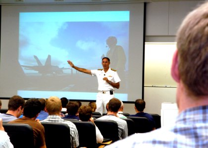US Navy 070911-N-5208T-010 Rear Adm. Scott R. Van Buskirk, commander of Carrier Strike Group 9, tells engineering Brigham Young University students about Utah Navy Week, one of 26 Navy Weeks in America this year