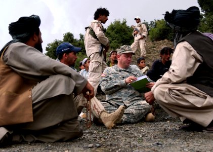 US Navy 070909-N-3385W-033 Cmdr. Dave Adams, commanding officer of Provincial Reconstruction Team Khost, holds an impromptu shura with village elders to discuss recent attacks on a local municipal building