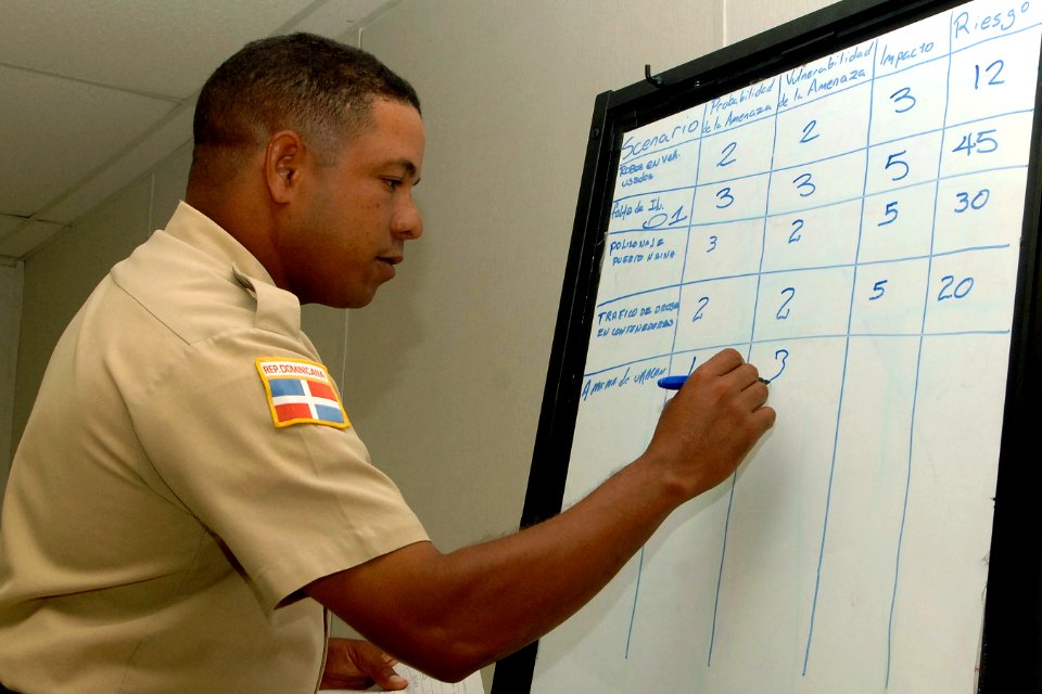 US Navy 070910-N-0989H-020 A Dominican port security officer prepares to present a risk analysis matrix for response to hurricanes, during port security training