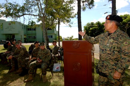 US Navy 070914-N-0989H-061 Brig. Gen. Francisco Jose Gil Ramirez, commandant of 1st Infantry Brigade, Dominican Defense Force, thanks U.S. Marines from a mobile training team who conducted small unit training with members of th photo