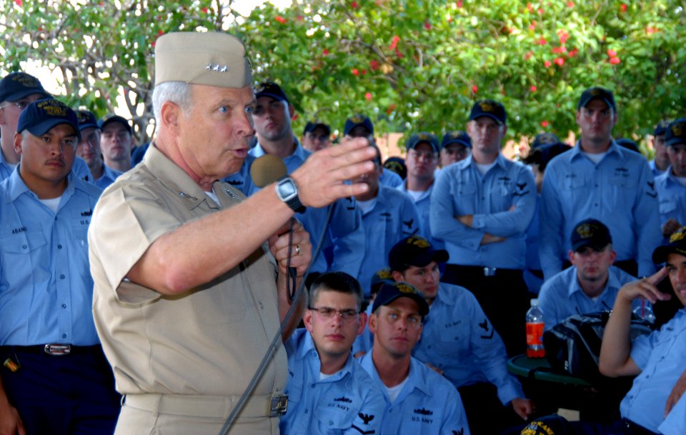 US Navy 070918-N-9758L-069 Vice Adm. Terrance T. Etnyre, commander of Naval Surface Forces (CNSF), speaks to Sailors assigned to Pearl Harbor-based ships during a visit to Naval Station Pearl Harbor