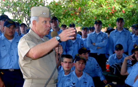 US Navy 070918-N-9758L-069 Vice Adm. Terrance T. Etnyre, commander of Naval Surface Forces (CNSF), speaks to Sailors assigned to Pearl Harbor-based ships during a visit to Naval Station Pearl Harbor