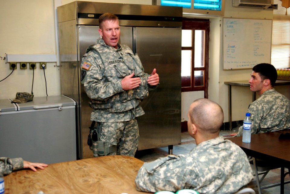 US Navy 070916-N-3385W-403 Sgt. Maj. of the Army Kenneth Preston talks with Soldiers and Sailors of Provincial Reconstruction Team Khost during a brief visit