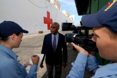 US Navy 070919-N-8704K-057 Mass Communication Specialist 3rd Class Kelly Barnes and Mass Communication Specialist Seaman Jeff Hall interview Dr. Roy Austin, U.S. ambassador to Trinidad and Tobago