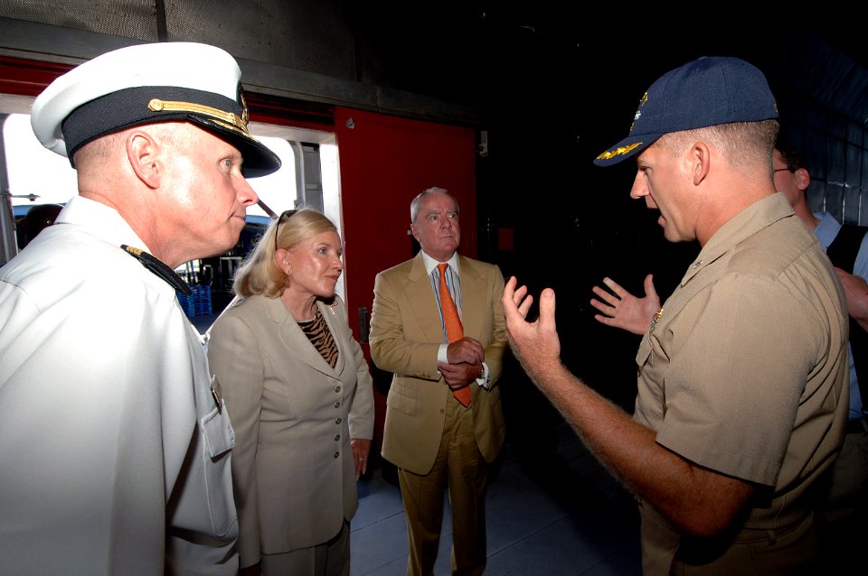 US Navy 070918-N-0989H-029 Cmdr. Robert Morrison, commanding officer of High Speed Vessel (HSV 2) Swift greets the Honorable Brenda LaGrange Johnson, U.S. Ambassador to Jamaica in the mission bay of the ship prior to a tour