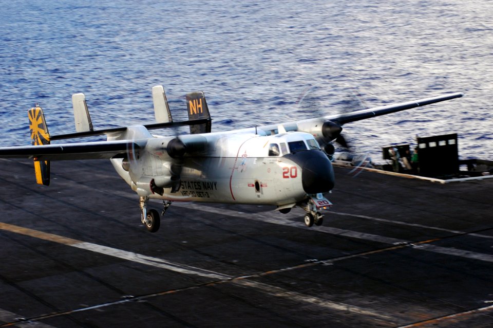 US Navy 070915-N-5148B-047 A C-2A Greyhound, assigned to the Providers of Carrier Logistic Support Squadron (VRC) 30, lands on the flight deck aboard nuclear-powered aircraft carrier USS Nimitz (CVN 68)