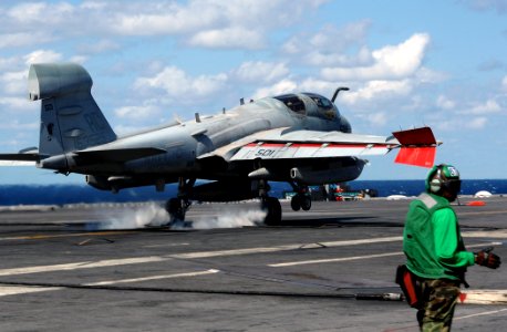 US Navy 070917-N-8923M-028 An EA-6B Prowler, attached to the Zappers of Tactical Electronic Warfare Squadron (VAQ) 130, performs a touch and go during flight operations aboard Nimitz-class aircraft carrier USS Harry S. Truman (