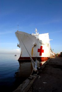 US Navy 070917-N-8704K-015 Military Sealift Command hospital ship USNS Comfort (T-AH 20) is moored pier side in Port-of-Spain, Trinidad and Tobago
