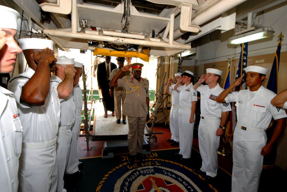 US Navy 070919-N-8704K-004 Brig. Gen. Edmund Dillon, chief of defense staff for Trinidad and Tobago Defense Force, is saluted by sideboys aboard Military Sealift Command hospital ship USNS Comfort (T-AH 20)