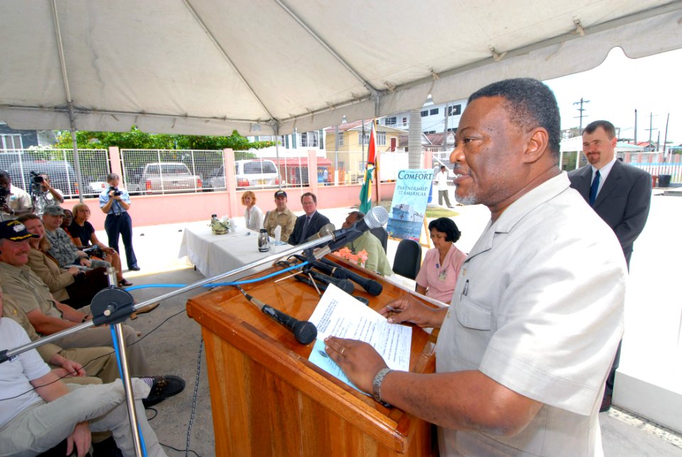 US Navy 070924-N-8704K-065 Samuel Hinds, prime minister of Guyana, speaks at an opening ceremony for the Georgetown Public Hospital