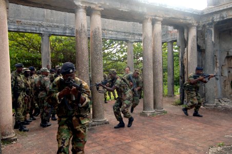 US Navy 070925-N-0989H-396 Members of the Jamaica Defense Force conduct Close Quarters Battle and room clearing drills with U.S. Marines assigned to a mobile training team during small unit training photo