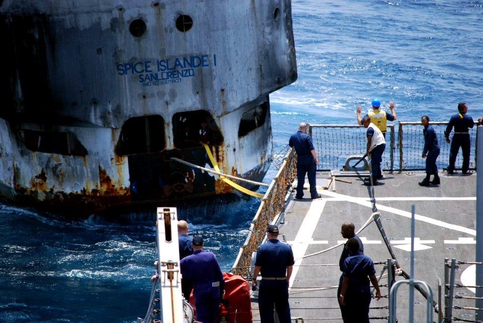 US Navy 070926-N-0000X-002 Guided-missile destroyer USS Stout (DDG 55) tows Tanzanian-flagged passenger ferry Spice Island while in international waters off the coast of Somalia