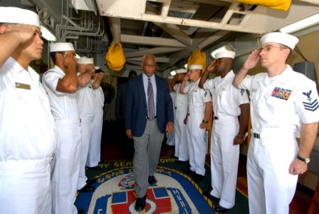 US Navy 070919-N-8704K-054 Dr. Roy Austin, U.S. ambassador to Trinidad and Tobago, is saluted by sideboys as he departs Military Sealift Command hospital ship USNS Comfort (T-AH 20) after touring the ship
