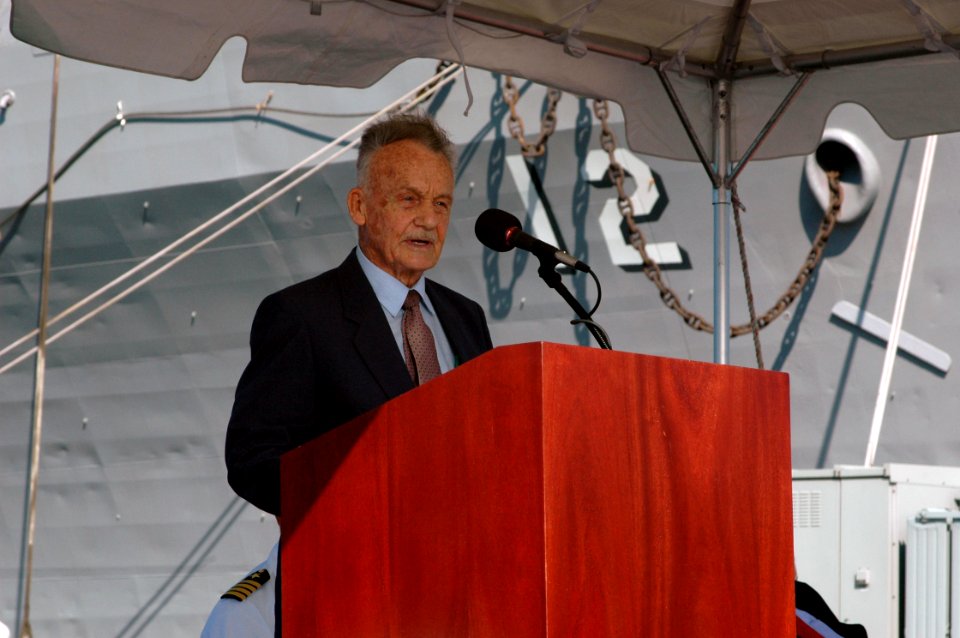 US Navy 070926-N-2456S-042 Pehr H. Pehrsson, a retired captain and the first commanding officer of amphibious transport dock USS Shreveport (LPD 12), delivers his final remarks about the ship during the ship's decommissioning c