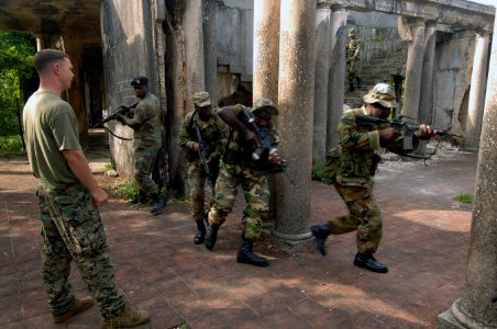 US Navy 070925-N-0989H-405 Sgt. Matthew Heerwald, assigned to a mobile training team, left, observes members of the Jamaica Defense Force practice Close Quarters Battle and room clearing drills during small unit training photo