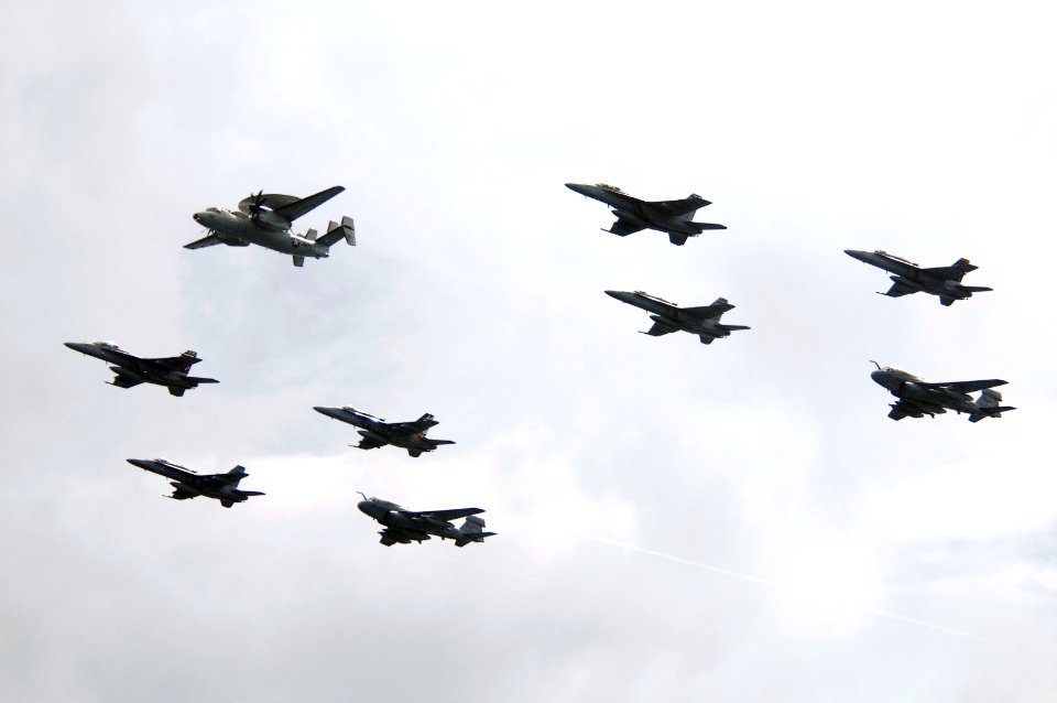 US Navy 070923-N-3136P-122 Aircraft assigned to Carrier Air Wing (CVW) 5 perform a flyby for friends and family of USS Kitty Hawk (CV 63)