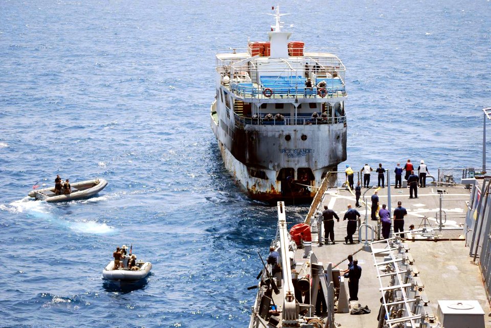 US Navy 070926-N-0000X-003 Guided-missile destroyer USS Stout (DDG 55) tows Tanzanian-flagged passenger ferry Spice Island while in international waters off the coast of Somalia
