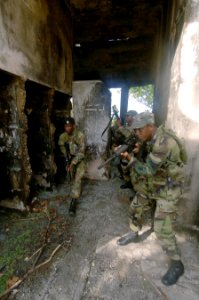 US Navy 070925-N-0989H-455 Members of the Jamaica Defense Force conduct Close Quarters Battle and room clearing drills with U.S. Marines assigned to a mobile training team during small unit training photo