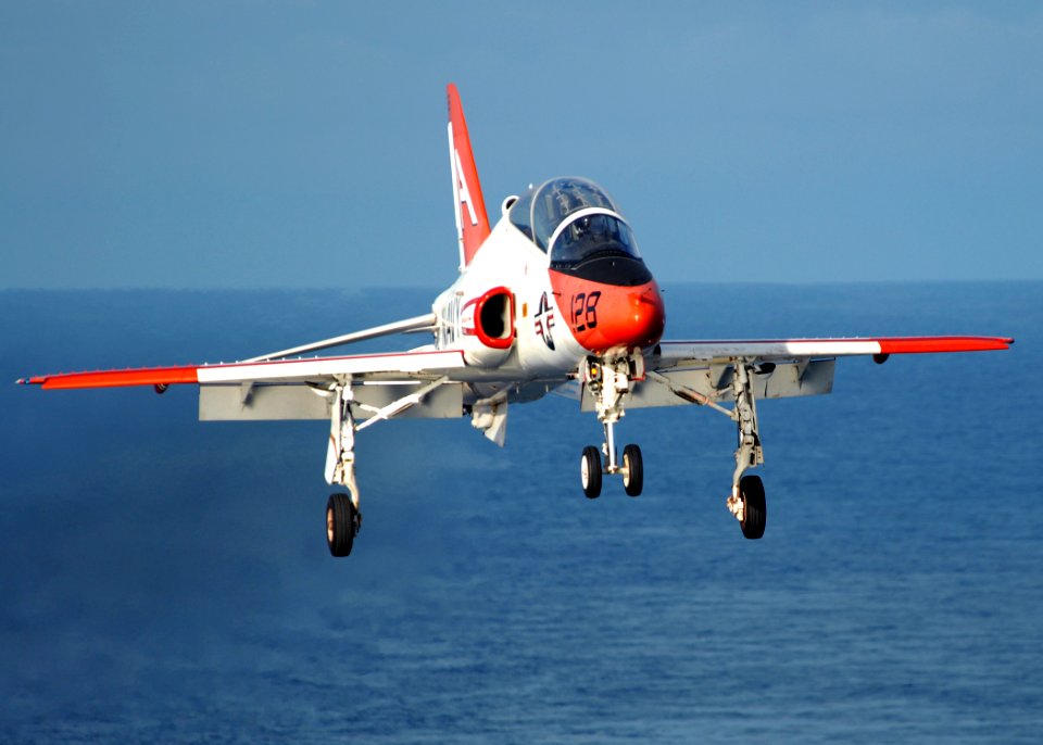 US Navy 070923-N-6854D-001 A T-45C Goshawk prepares to land on the flight deck of aircraft carrier USS Dwight D. Eisenhower (CVN 69)