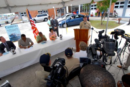 US Navy 070924-N-8704K-042 Capt. Bob Kapcio, mission commander aboard Military Sealift Command hospital ship USNS Comfort (T-AH 20), speaks at an opening ceremony at the Georgetown Public Hospital photo